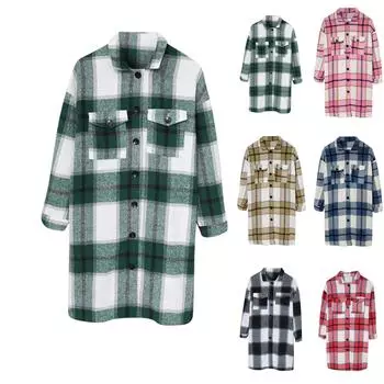 Женское повседневное модное свободное шерстяное пальто с длинными рукавами и лацканами в клетку L коричневый