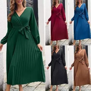 Женское повседневное модное темпераментное платье с V-образным вырезом и большим плиссированным длинным рукавом L чёрный