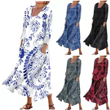 Женское повседневное модное удобное платье с карманами и рукавами 3/4 с принтом L чёрный