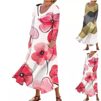 Женское повседневное модное удобное платье с карманами и рукавами 3/4 с принтом XXXL серый