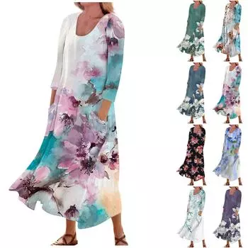 Женское повседневное модное удобное платье с карманами и рукавами 3/4 с принтом L синий