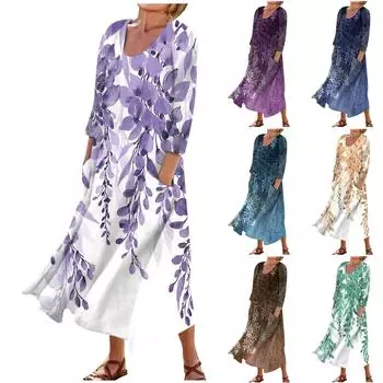 Женское повседневное модное удобное платье с карманами и рукавами 3/4 с принтом L синий