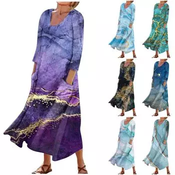 Женское повседневное модное удобное платье с карманами и рукавами 3/4 с принтом XXXL