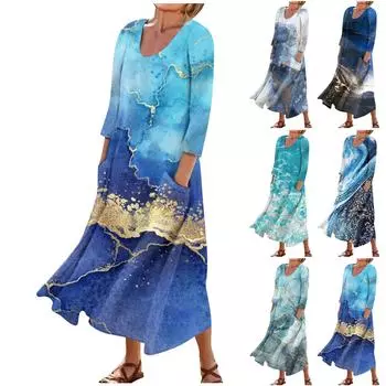 Женское повседневное модное удобное платье с карманами и рукавами 3/4 с принтом XXL