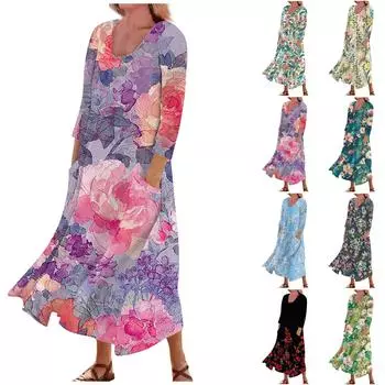 Женское повседневное модное удобное платье с карманами и рукавами 3/4 с принтом XXL чёрный