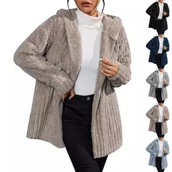 Женское повседневное модное удобное свободное осенне-зимнее теплое модное плюшевое пальто с капюшоном в вертикальную полоску большого размера модное однотонное пальто L чёрный