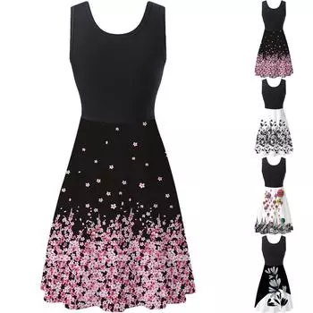 Женское повседневное модное вечернее платье без рукавов с принтом до колена L чёрный