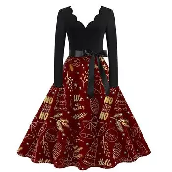 Женское повседневное модное винтажное платье с V-образным вырезом и длинным рукавом с рождественским принтом L