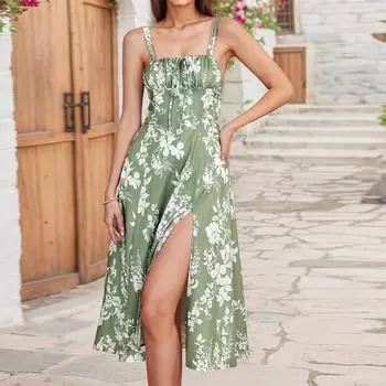 Женское повседневное модное винтажное платье с цветочным принтом и подтяжками, элегантное праздничное платье S зелёный