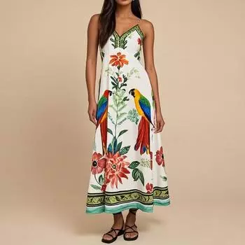 Женское повседневное модное винтажное платье с цветочным принтом и подтяжками, элегантное праздничное платье L зелёный