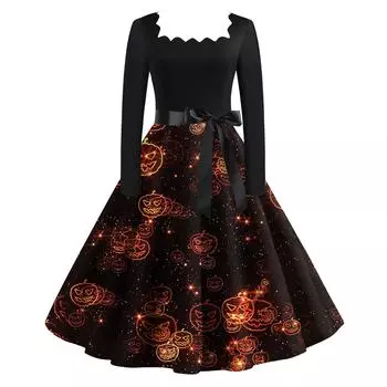 Женское повседневное модное винтажное платье с длинным рукавом и принтом на Хэллоуин XXL оранжевый