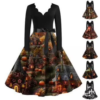 Женское повседневное модное винтажное платье с принтом в виде V-образного выреза на Хэллоуин M чёрный