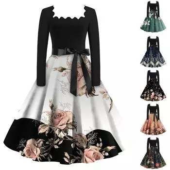 Женское повседневное модное винтажное платье с квадратным воротником и принтом S синий