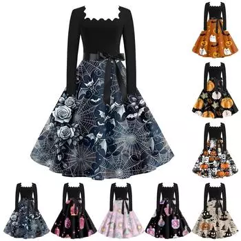 Женское повседневное модное винтажное платье с длинным рукавом и принтом на Хэллоуин S хаки