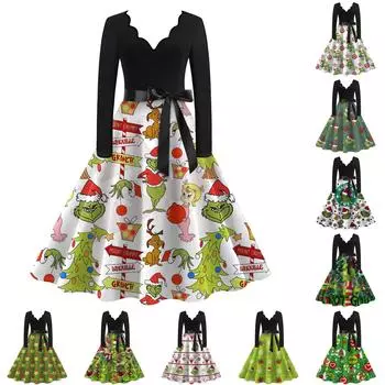 Женское повседневное модное винтажное платье с V-образным вырезом и длинным рукавом с рождественским принтом L армия зеленый