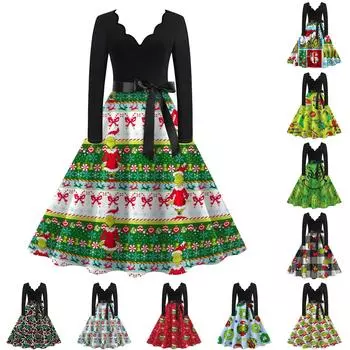 Женское повседневное модное винтажное платье с V-образным вырезом и длинным рукавом с рождественским принтом XL зелёный