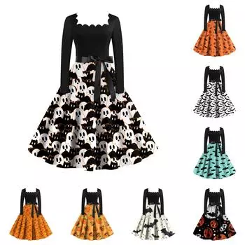 Женское повседневное модное винтажное платье с длинным рукавом и принтом на Хэллоуин L имбирный