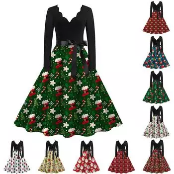 Женское повседневное модное винтажное платье с V-образным вырезом и длинным рукавом с рождественским принтом S красный