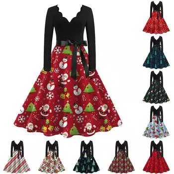 Женское повседневное модное винтажное платье с V-образным вырезом и длинным рукавом с рождественским принтом XXL