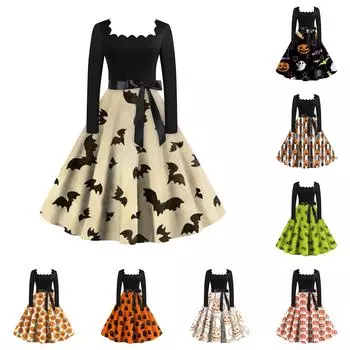 Женское повседневное модное винтажное платье с длинным рукавом и принтом на Хэллоуин M оранжевый