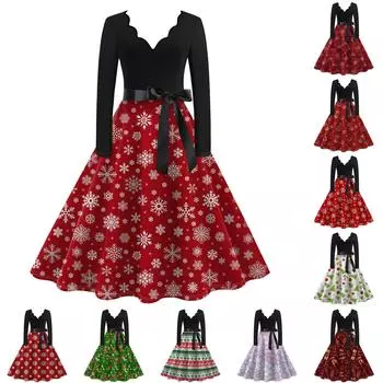 Женское повседневное модное винтажное платье с V-образным вырезом и длинным рукавом с рождественским принтом L