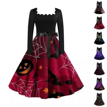 Женское повседневное модное винтажное платье с длинным рукавом и принтом на Хэллоуин M оранжевый