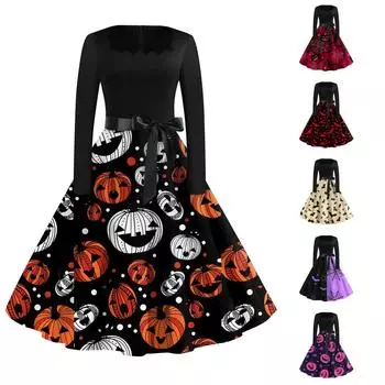 Женское повседневное модное винтажное платье с длинным рукавом и принтом на Хэллоуин XXXXXL бежевый