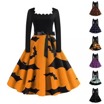 Женское повседневное модное винтажное платье с длинным рукавом и принтом на Хэллоуин L оранжевый