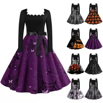 Женское повседневное модное винтажное платье с длинным рукавом и принтом на Хэллоуин XXL