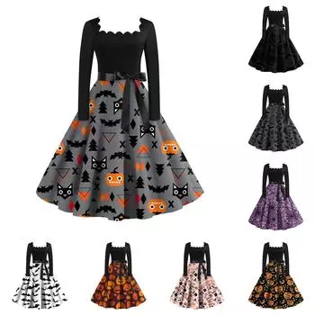 Женское повседневное модное винтажное платье с длинным рукавом и принтом на Хэллоуин L чёрный