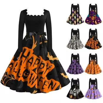 Женское повседневное модное винтажное платье с длинным рукавом и принтом на Хэллоуин XXL чёрный
