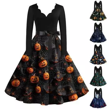 Женское повседневное модное винтажное платье с принтом в виде V-образного выреза на Хэллоуин XXL