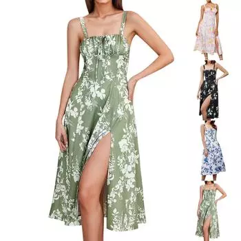 Женское повседневное модное винтажное платье с цветочным принтом и подтяжками, элегантное праздничное платье L чёрный