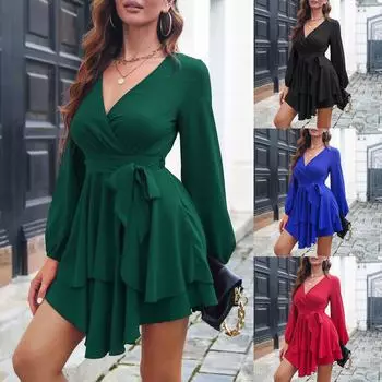 Женское повседневное облегающее многослойное платье с v-образным вырезом и завязками с длинными рукавами L чёрный