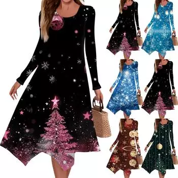 Женское повседневное облегающее платье с круглым вырезом и длинным рукавом с рождественским принтом и неровным подолом в складку XL синий