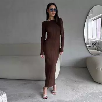 Женское повседневное облегающее платье-свитер с круглым вырезом, осенне-зимняя мода, элегантное трикотажное платье с длинным рукавом S абрикосовый