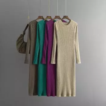 Женское повседневное облегающее платье-свитер с длинным рукавом, осеннее платье макси с круглым вырезом, трикотажное платье в рубчик для женщин, мягкое, удобное, облегающее, однотонное трикотажное платье One size чёрный