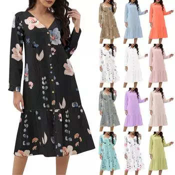 Женское повседневное однобортное платье с цветочным принтом, V-образным вырезом, длинными рукавами и карманами XL бирюзовый