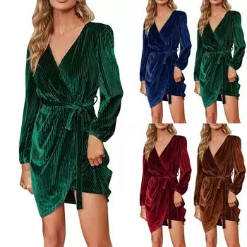 Женское повседневное однотонное бархатное вечернее платье на шнуровке с длинными рукавами M коричневый