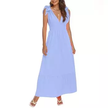 Женское повседневное однотонное бохо-пляжное платье А-силуэта со шнуровкой и V-образным вырезом на подтяжках L синий