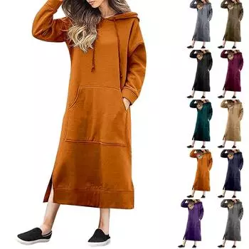 Женское повседневное однотонное длинное платье с капюшоном и длинными рукавами M чёрный