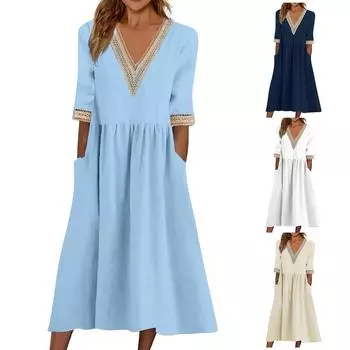Женское повседневное однотонное длинное платье с v-образным вырезом и кружевными карманами XL светло-синий