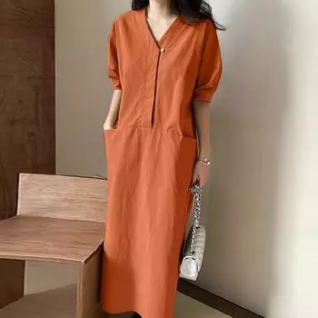 Женское повседневное однотонное длинное платье с v-образным вырезом и коротким рукавом