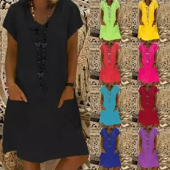 Женское повседневное однотонное хлопково-льняное платье с короткими рукавами и карманами с v-образным вырезом XXXXXL синий