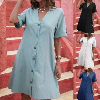 Женское повседневное однотонное хлопковое платье с v-образным вырезом и половиной рукавов S чёрный