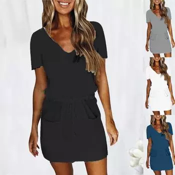Женское повседневное однотонное мини-платье с высокой талией и короткими рукавами на шнурке M чёрный