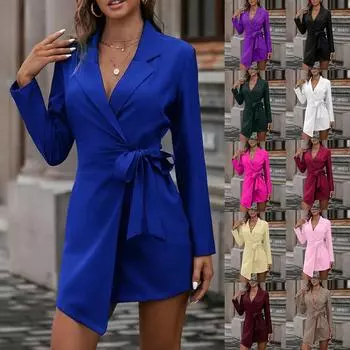 Женское повседневное однотонное облегающее однотонное платье с завязками на талии и длинными рукавами XXXL синий