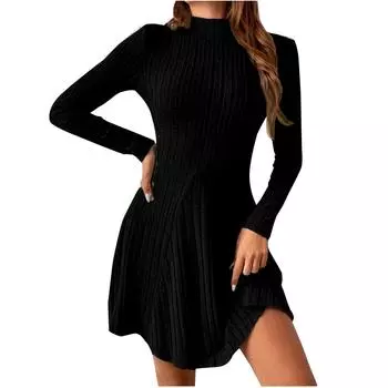 Женское повседневное однотонное облегающее платье-пуловер с круглым вырезом и длинными рукавами XL чёрный