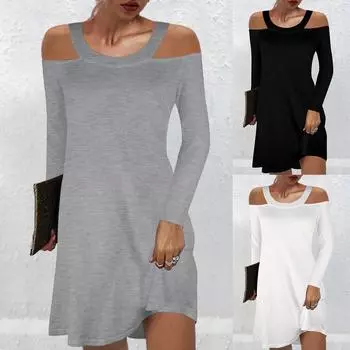 Женское повседневное однотонное облегающее платье с круглым вырезом и открытыми плечами и длинными рукавами XXL чёрный