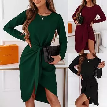 Женское повседневное однотонное однотонное платье с длинными рукавами и нерегулярным подолом L чёрный